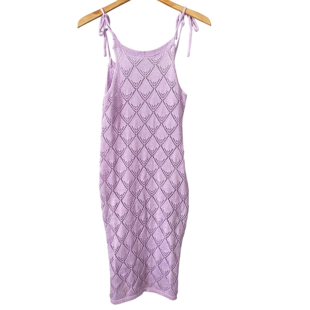 Lilac Pointelle Knit Coquette Crochet Diamond Midi Dress Tie Shoulder Festival